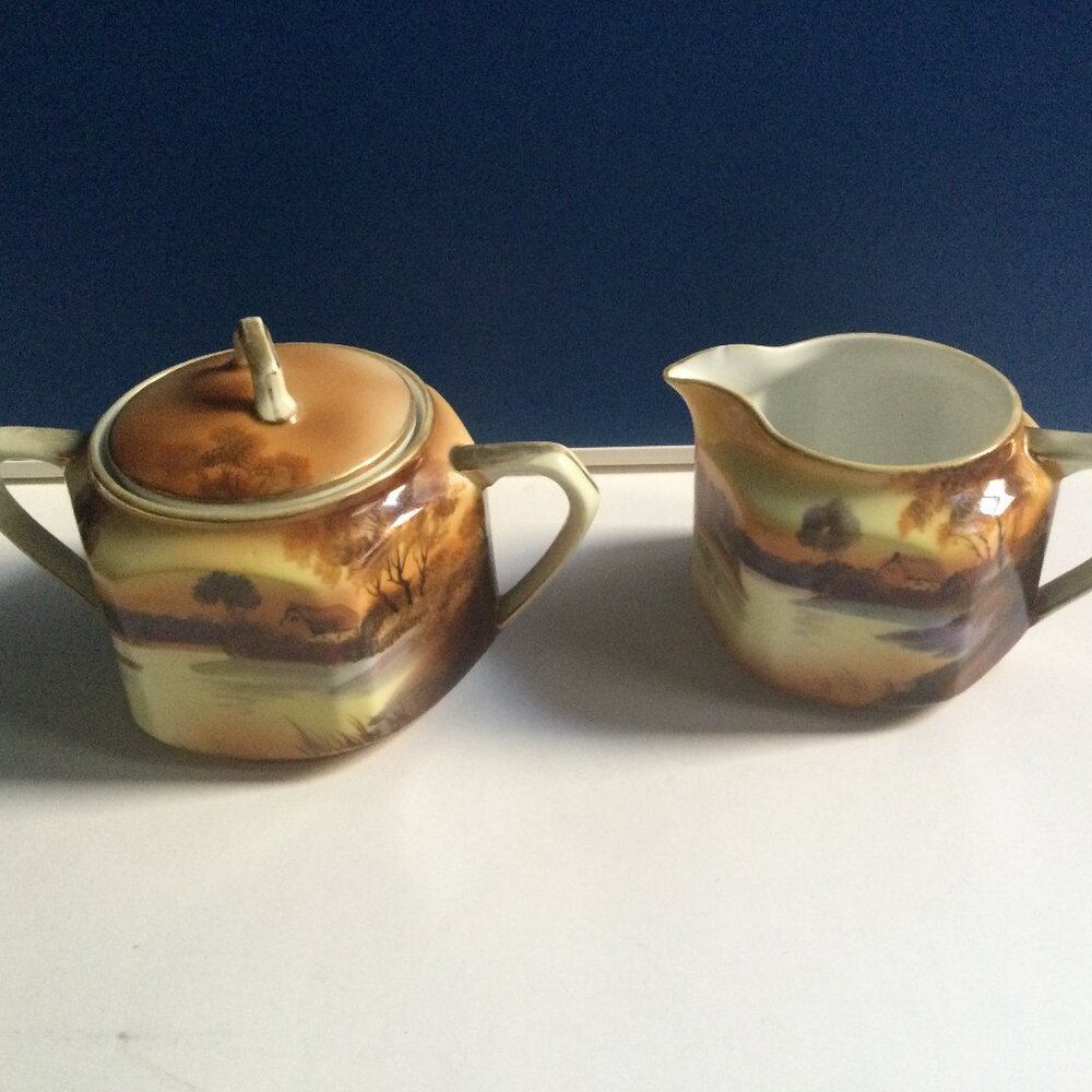Vintage antique hand painted Nippon lidded sugar bowl and creamer tree